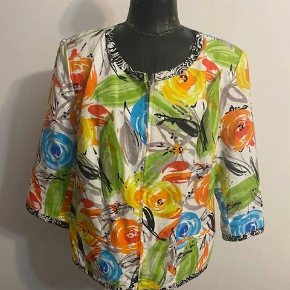 Peter Nygard Women Linen blend 3/4 sleeves Watercolor Floral blazer, size 18
